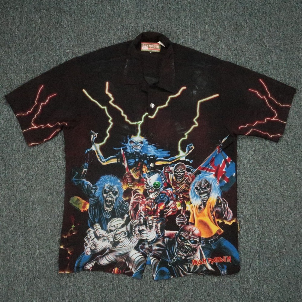 VINTAGE Iron Maiden Shirt Mens Medium Black Dragonfly Short Sleeve All Over AOP